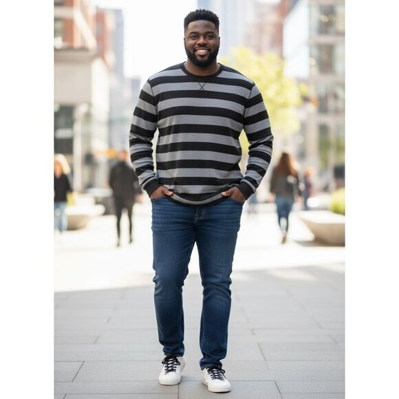 Old Navy Plus Size XXL Top Waffle Knit Striped Long Sleeve Thermal Black Gray - Picture 8 of 8